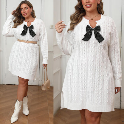 Plus-size Women's V-neck Cable Knit Sweater Solid Color Dress