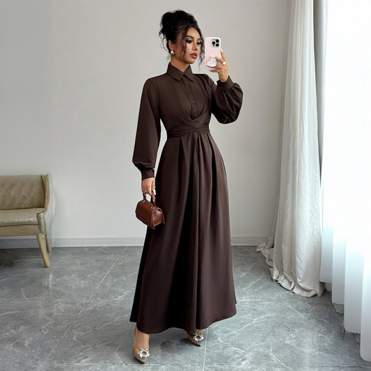 Women's Solid-Color Simple And Stylish Button-Down Long-Sleeve Dress