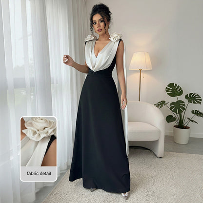 A High-end And Elegant V-neck Sleeveless Dress With Contrasting Colors