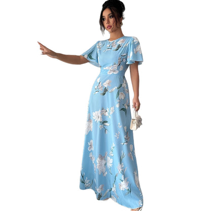 Floral Crew-neck Short-sleeve Waist-cinching Dress