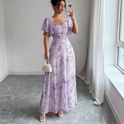 Lotus Sleeve Printed Slim Elegant Dress