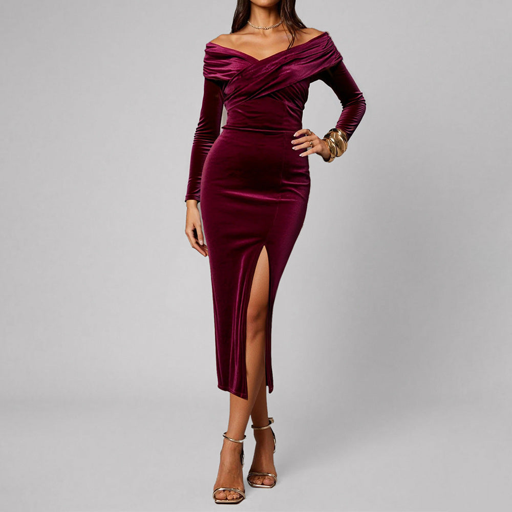Golden Velvet Bodycon Mermaid Women's New Cross V-Neck One-Shoulder Slit Long Dress
