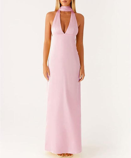 Womens Floral Halterneck Deep V-Neck Backless Bodycon Maxi Dress