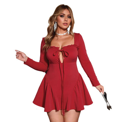 AutumnWinter Cinched-waist Openwork Chest And Square-neck Short Skirt