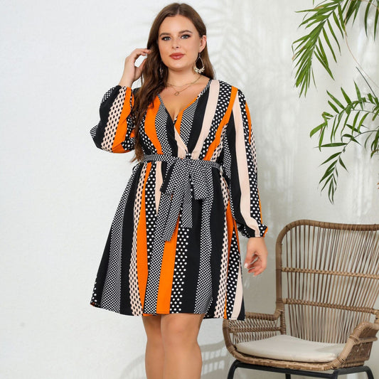 V-neck Lace-up Plus Size Dress