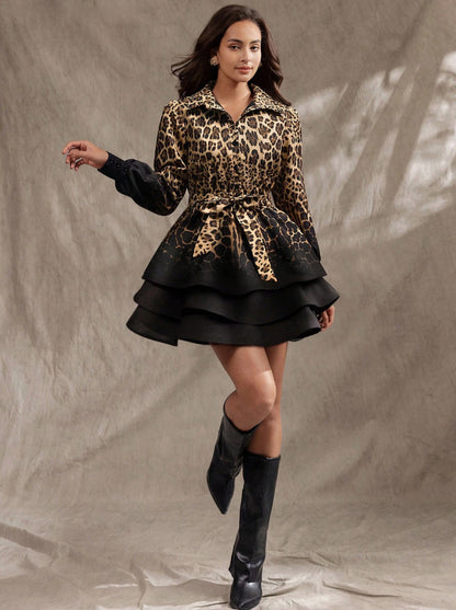Elegant And Stylish Leopard-print Gradient Dress