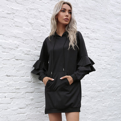 Long Sleeve Pullover Hoodie Skirt Women's Ruffled Patchwork Hoodie Skirt