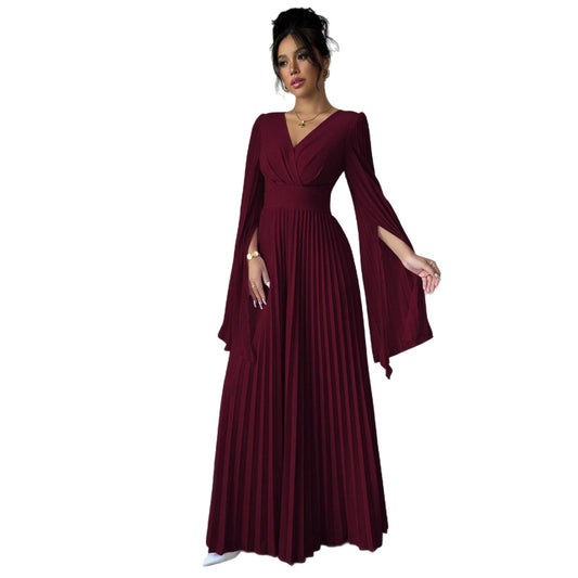 Women's High-waisted Long Deep-V-neck Long-sleeve Flared-sleeve Dress