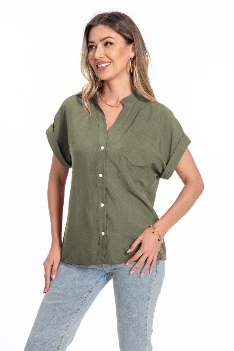 Stand Collar Button Fashion Comfortable Short Sleeve Women's Summer Top