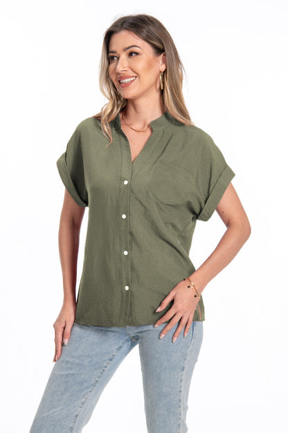 Stand Collar Button Fashion Comfortable Short Sleeve Women's Summer Top