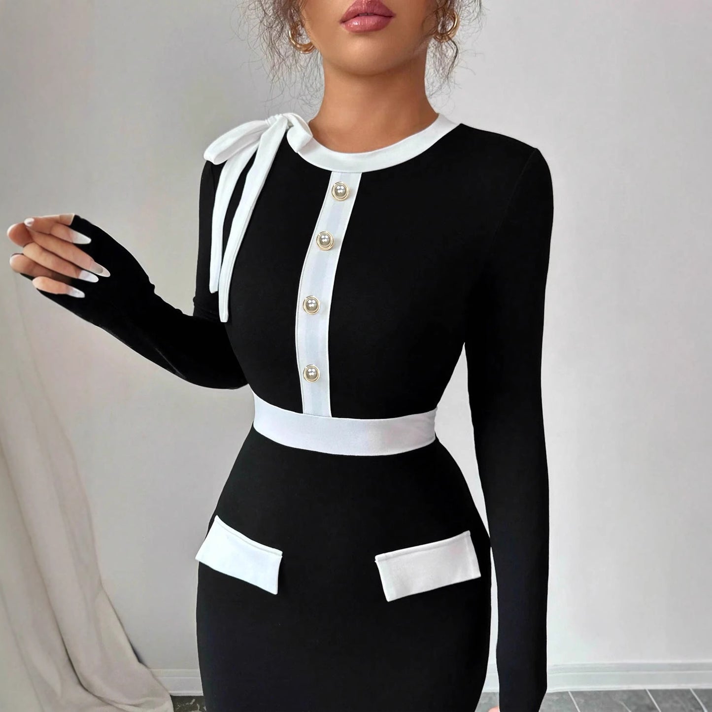 Black And White Womens Dress With Polyester Patchwork