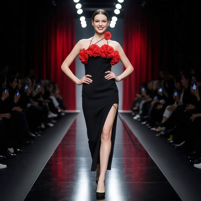 Womens 3D Floral High-Slit Sexy Bandage Dress