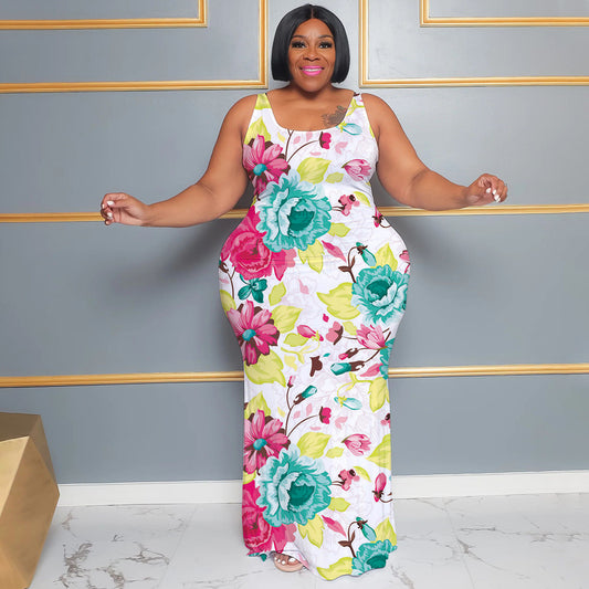 Plus-size Women's Summer Casual Long Sleeveless Digital-print Dress
