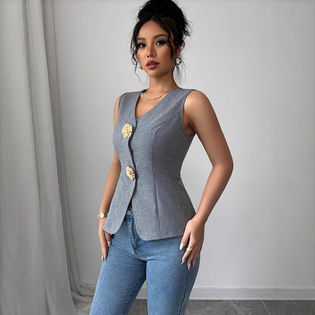 Sleeveless Rose Button Slim Vest Elegant Commute