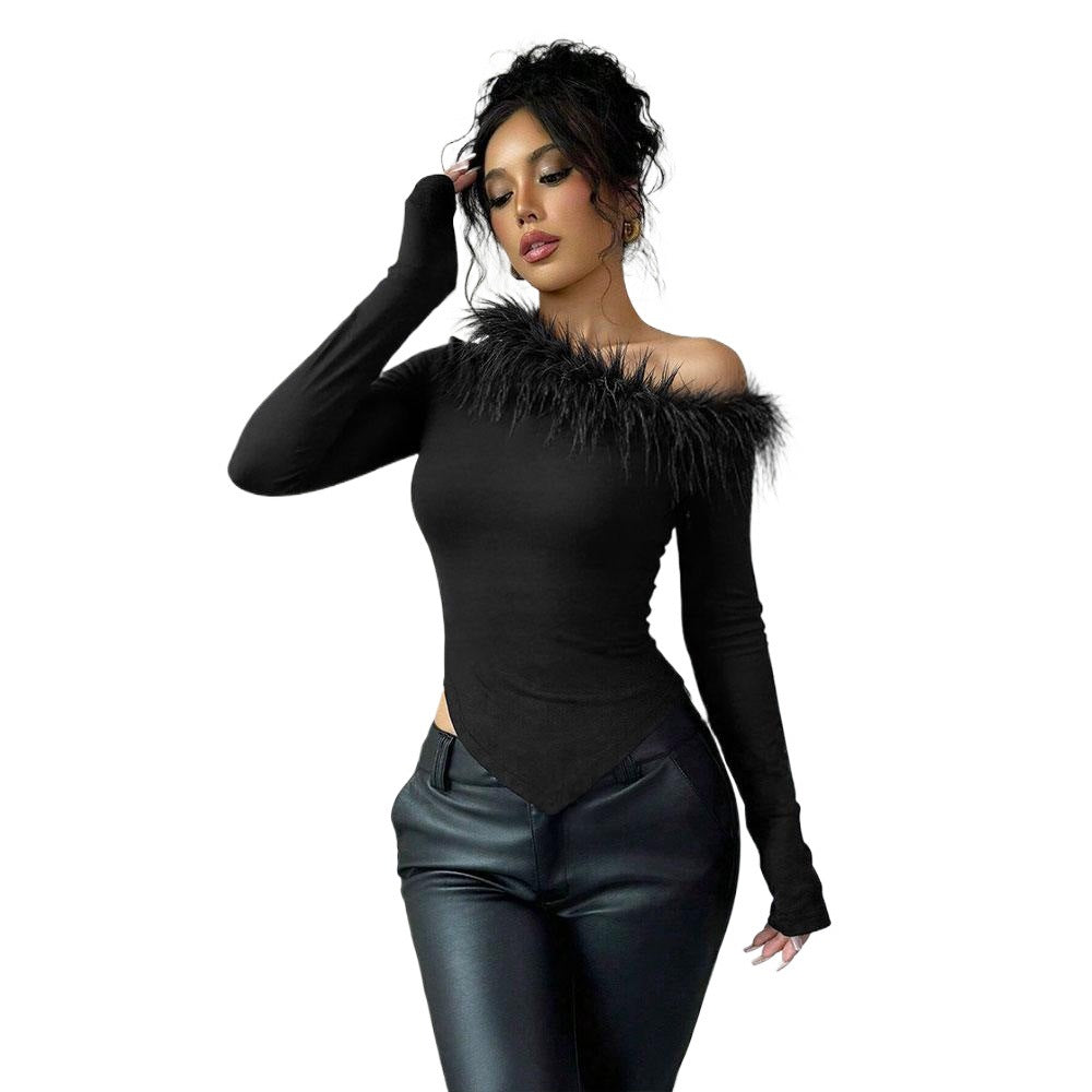 Autumn And Winter Niche Design Feather Patchwork Single Shoulder Irregular Hem Slim Long Sleeve Women