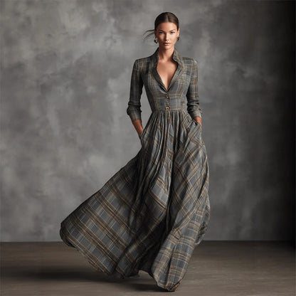 Retro V-neck Gray Plaid Linen Flared Maxi Skirt