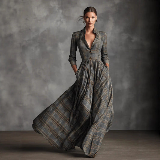 Retro V-neck Gray Plaid Linen Flared Maxi Skirt
