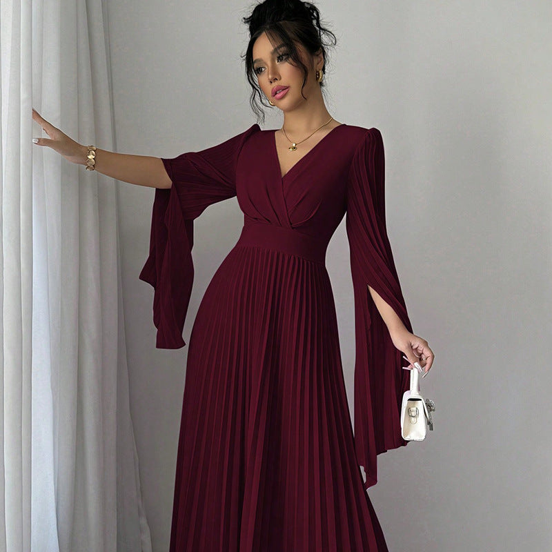 Women's High-waisted Long Deep-V-neck Long-sleeve Flared-sleeve Dress