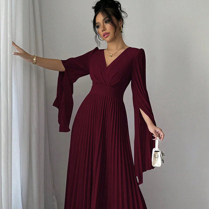 Women's High-waisted Long Deep-V-neck Long-sleeve Flared-sleeve Dress