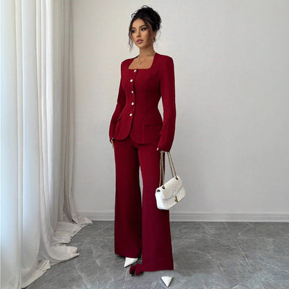 Defined-Waistline Long-Sleeve Top And Wide-Leg Pants Two-Piece Pants Set