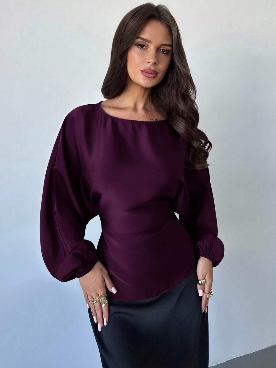 Casual Round Neck Lace-up Waist Shirt For Women