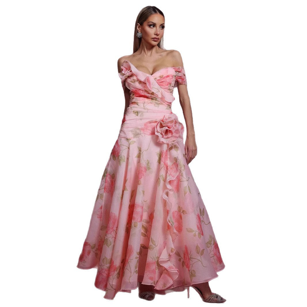 Retro Floral Waist-Cinching Casual Printed Off-Shoulder Dress