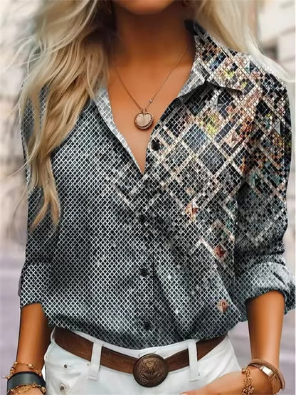 Womens Fashion Striped 3D-Printed Long-Sleeve Shirt