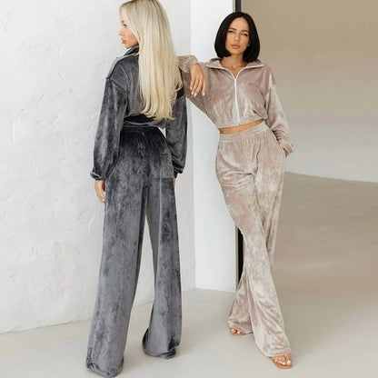 Fashion Women's Long-sleeve Lapel Zip-up Cardigan Hoodie Fleece Sweater Trousers