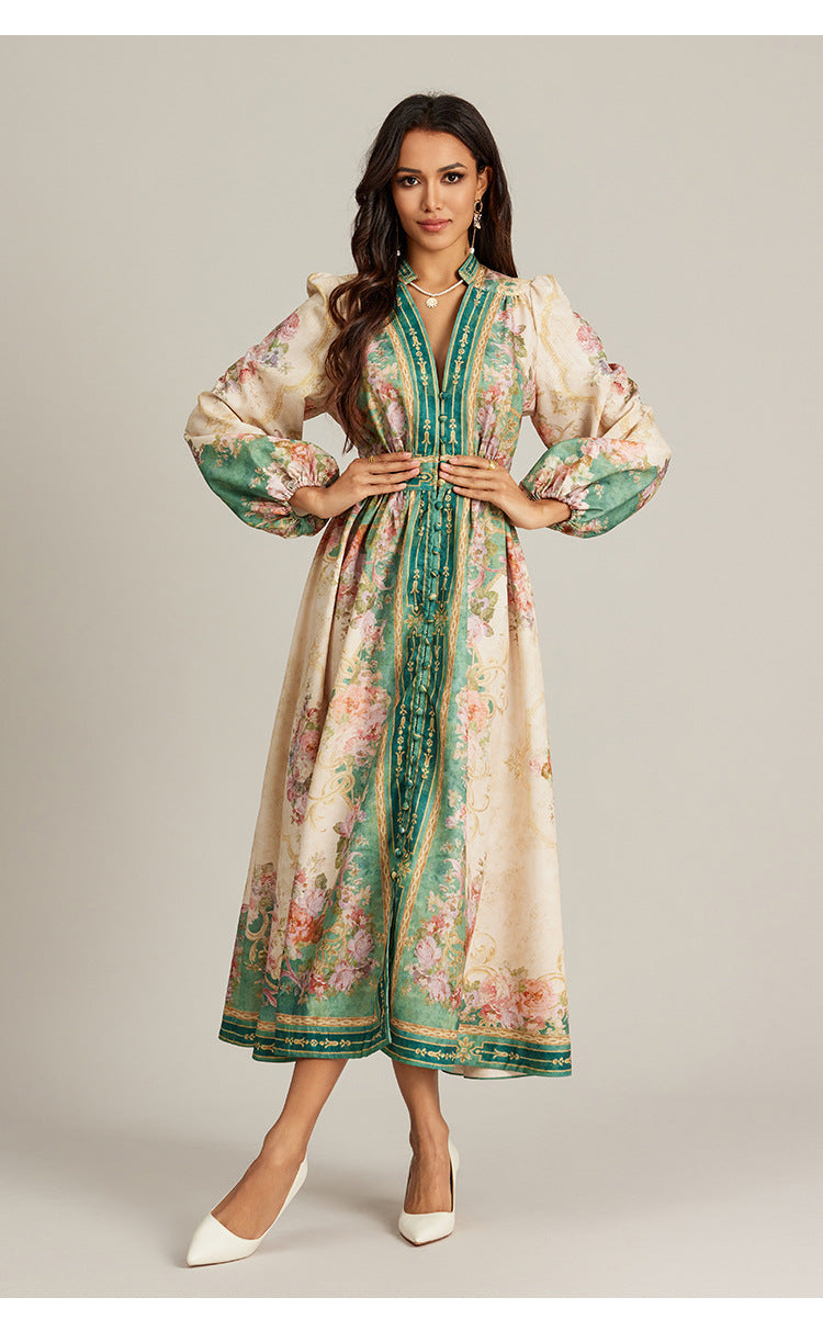 Special Interest Design Style V-neck Vintage Printed Maxi Dress For Women