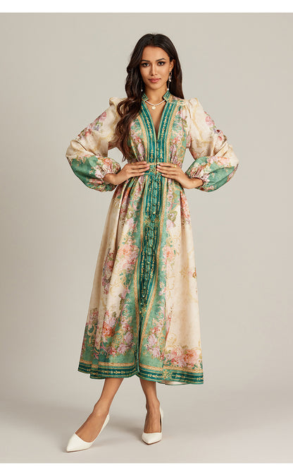 Special Interest Design Style V-neck Vintage Printed Maxi Dress For Women