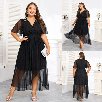 Short Front And Long Back Nail Bubble Beads Elastic Waist Plus Size Women's Elegant Dress Dress