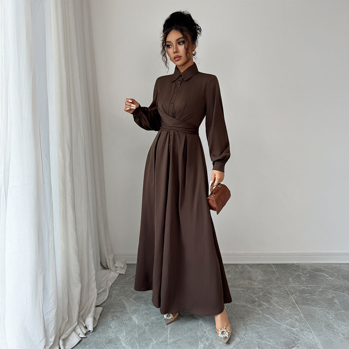 Women's Solid-Color Simple And Stylish Button-Down Long-Sleeve Dress