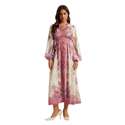 Special Interest Design Style V-neck Vintage Printed Maxi Dress For Women