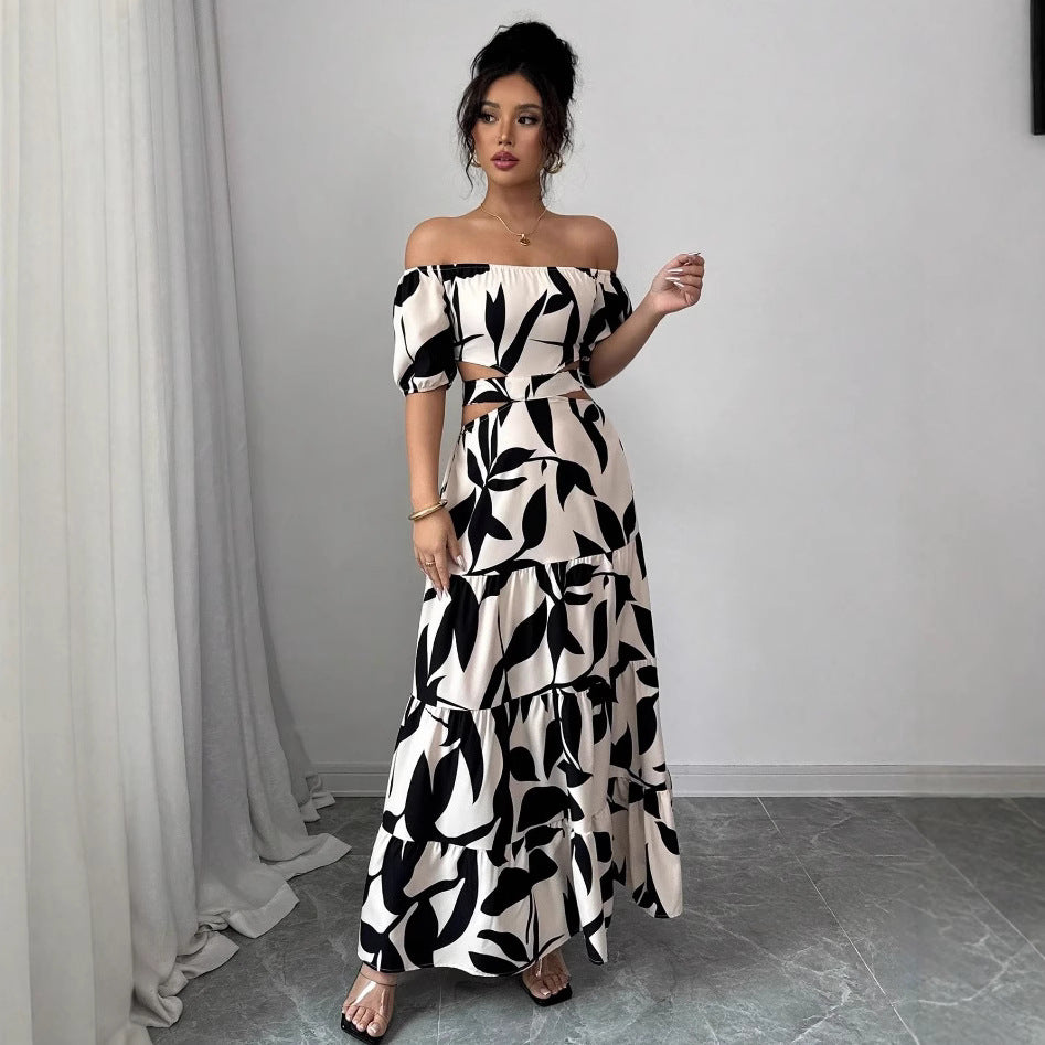 Off-shoulder Sexy Hollow-out Dress Printed Bodycon