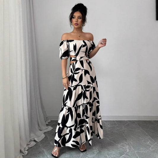 Off-shoulder Sexy Hollow-out Dress Printed Bodycon