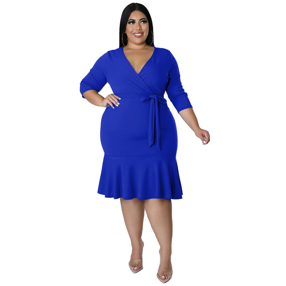 Sexy V-Neck Lace-Up Bodycon Dress With Ruffled Hem Plus-Size Women's Wear