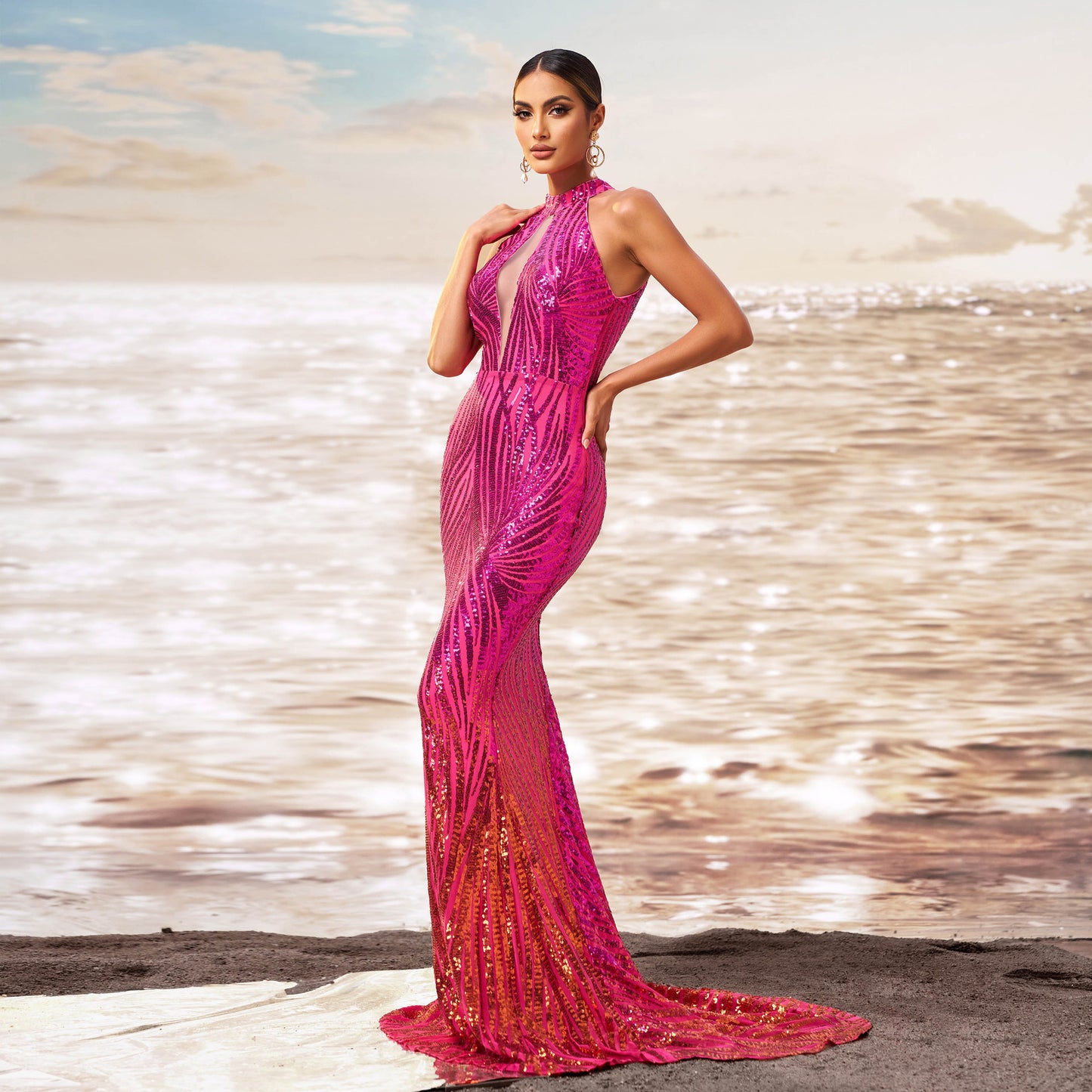 Round Neck Off-the-shoulder Slim-fit Sheath Sequined Banquet Fishtail Evening Dress