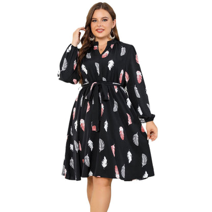 Printed Long Sleeve Waist-tight European And American Plus Size Dress