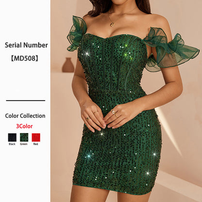 Womens Solid-Color Sequin Ruffle Hem Bodycon Slimming Mini Dress