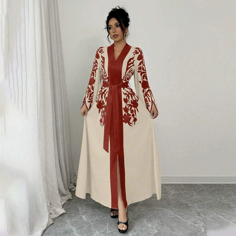 Women's V-neck Long Cardigan Printed Flared Long-sleeve Lace-up Dress