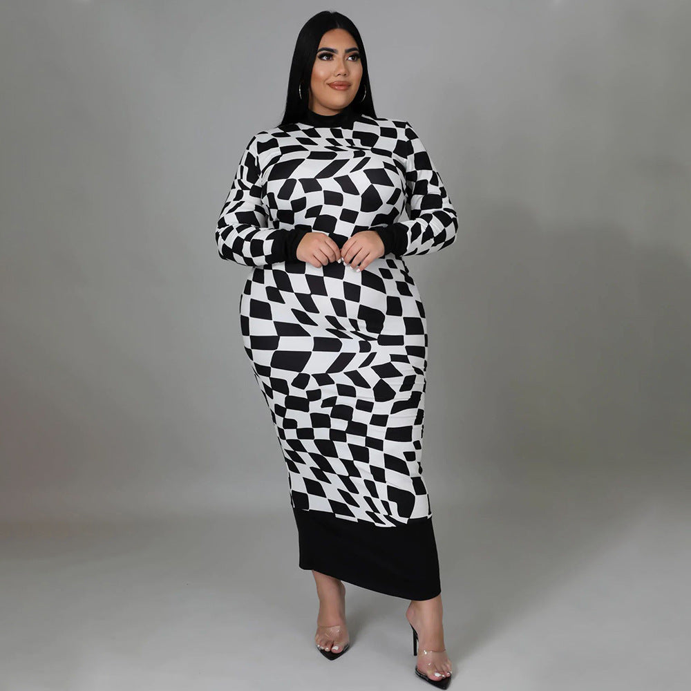 Women's Crew-Neck Plaid Printed Long-Sleeve Elegant Dress