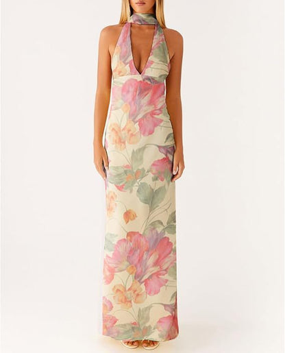 Womens Floral Halterneck Deep V-Neck Backless Bodycon Maxi Dress
