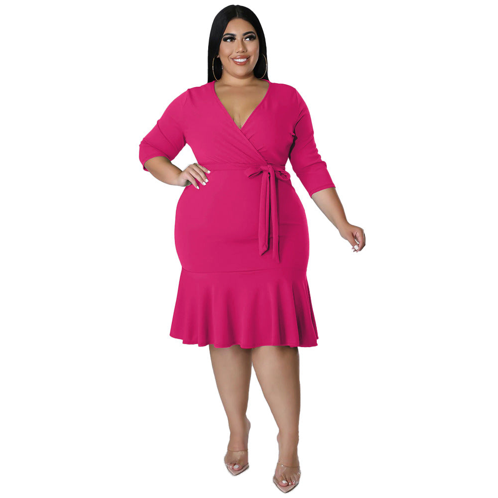 Sexy V-Neck Lace-Up Bodycon Dress With Ruffled Hem Plus-Size Women's Wear