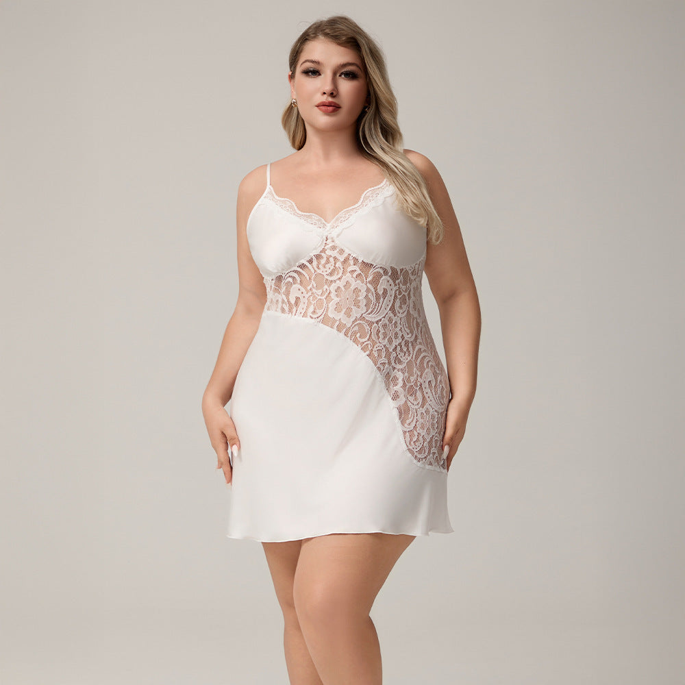 Womens Casual Loose Plus-Size Satin Lace V-Neck Dress