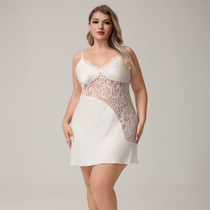 Womens Casual Loose Plus-Size Satin Lace V-Neck Dress