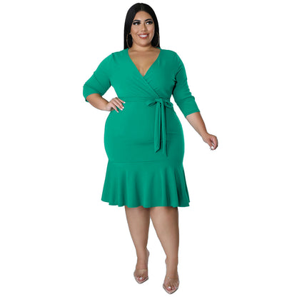 Sexy V-Neck Lace-Up Bodycon Dress With Ruffled Hem Plus-Size Women's Wear