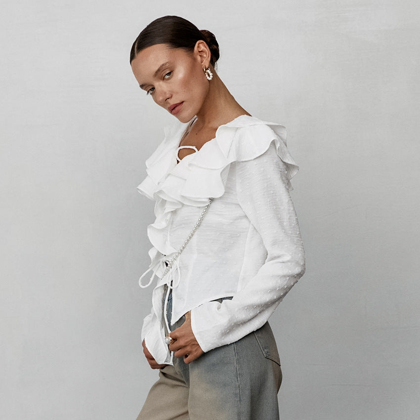 White Crepe Casual Ruffled Sexy Elegant Lace-up Long Sleeve Shirt