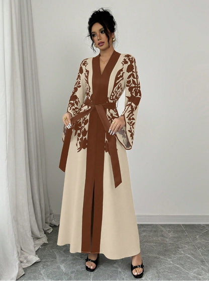 Women's V-neck Long Cardigan Printed Flared Long-sleeve Lace-up Dress