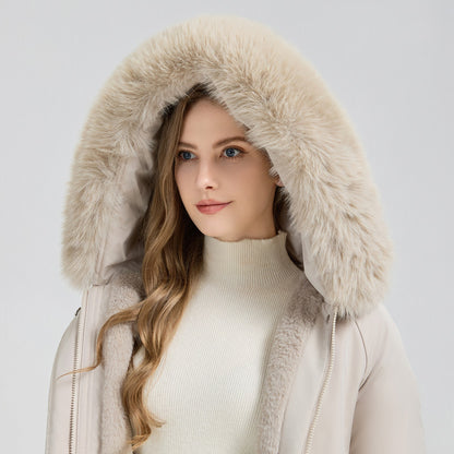 Winter Fur-Lined Hooded Parka Coat Mid-Length Down