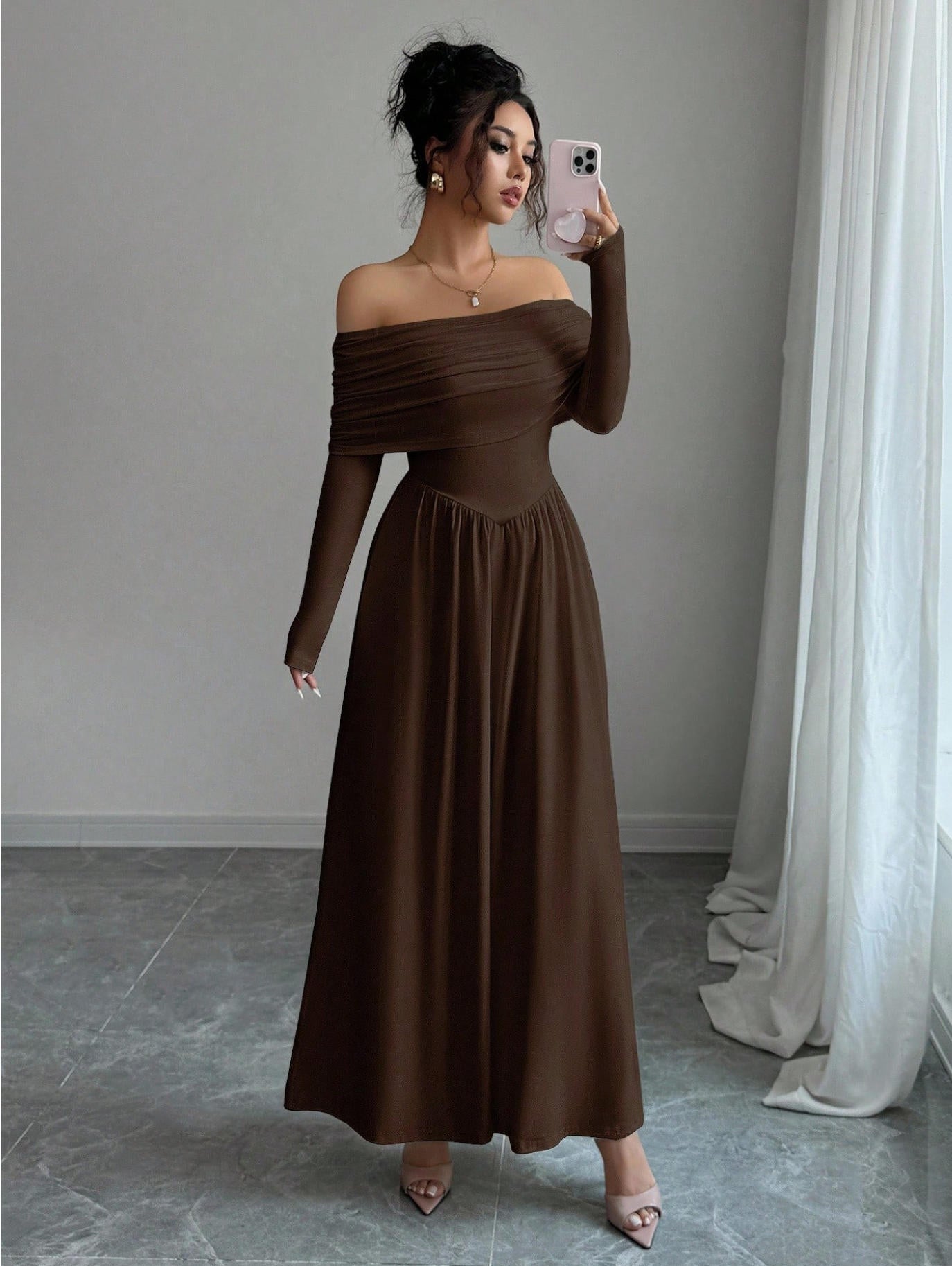 Women's Solid-Color French-Style Off-the-Shoulder Knitted Dress